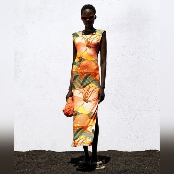 Zara Colorful Retro Floral Maxi Dress, Multicolored Knit Side‎ Cutout Small Size - Picture 1 of 12